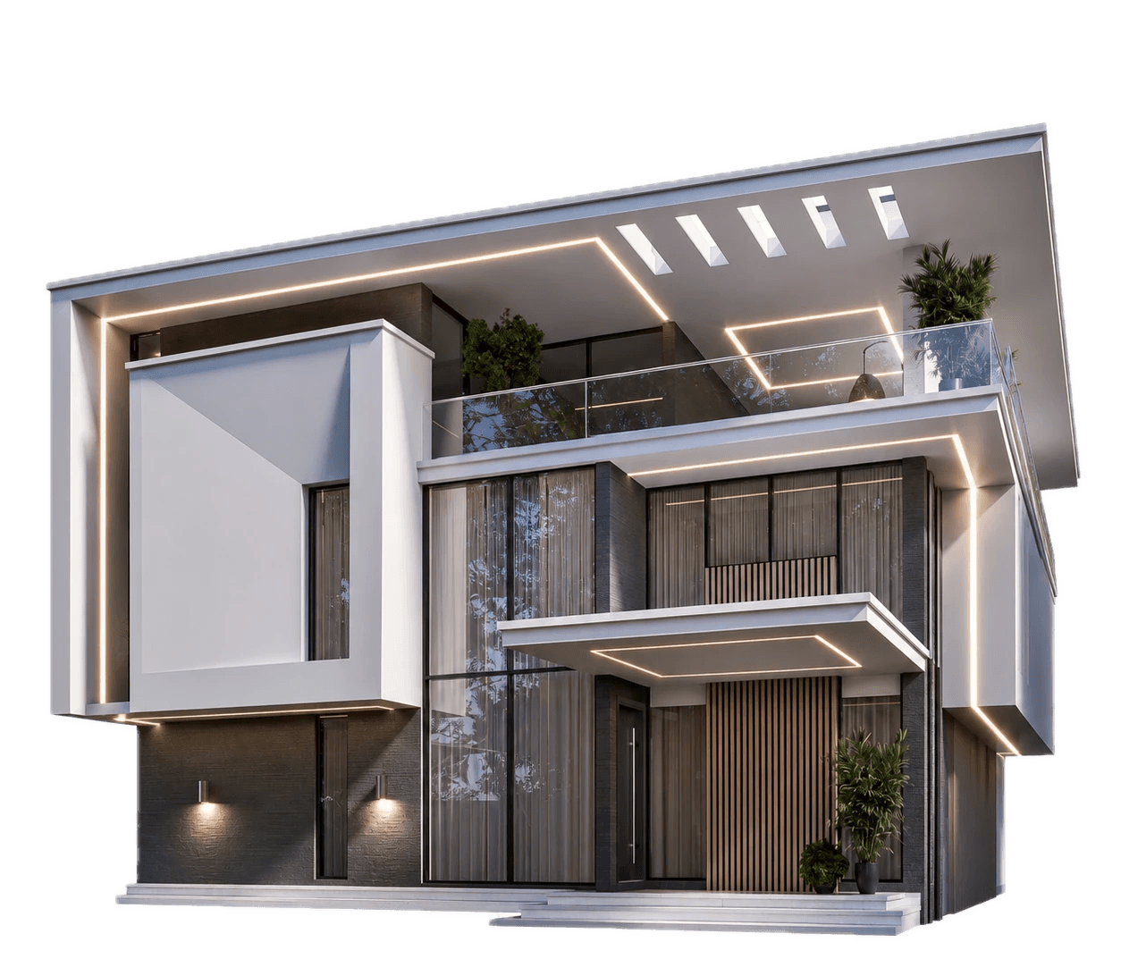 Modern multi-level home with large glass windows and layered terraces at dusk.