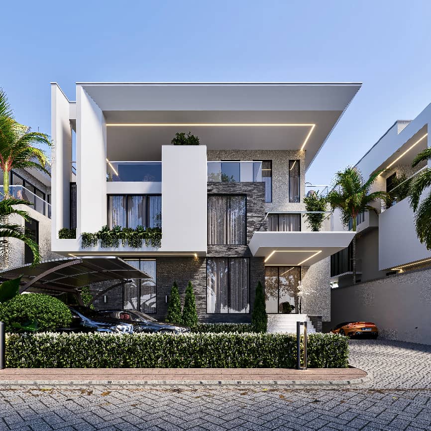 Modern two-story house with garden and wooden pergola at sunset.