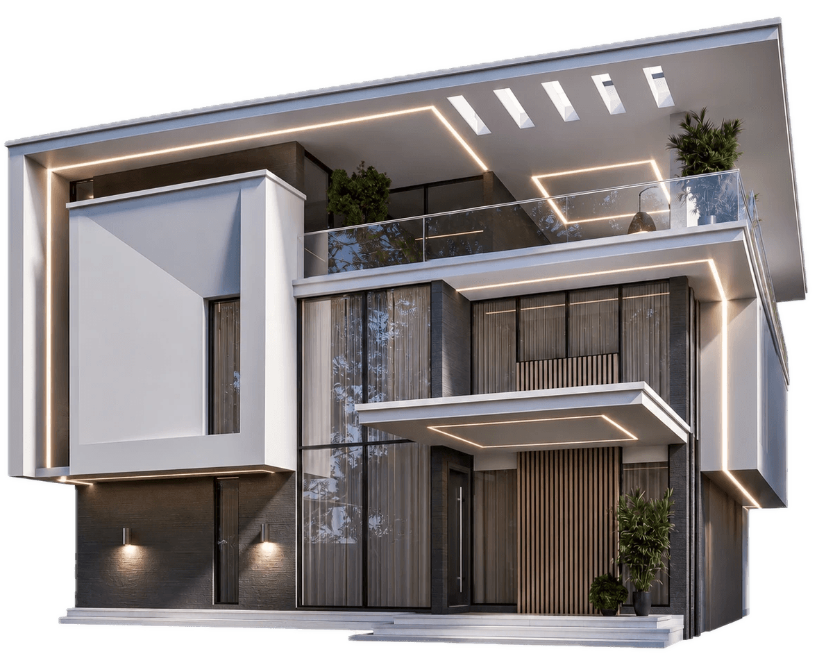 Modern multi-level home with large glass windows and layered terraces at dusk.