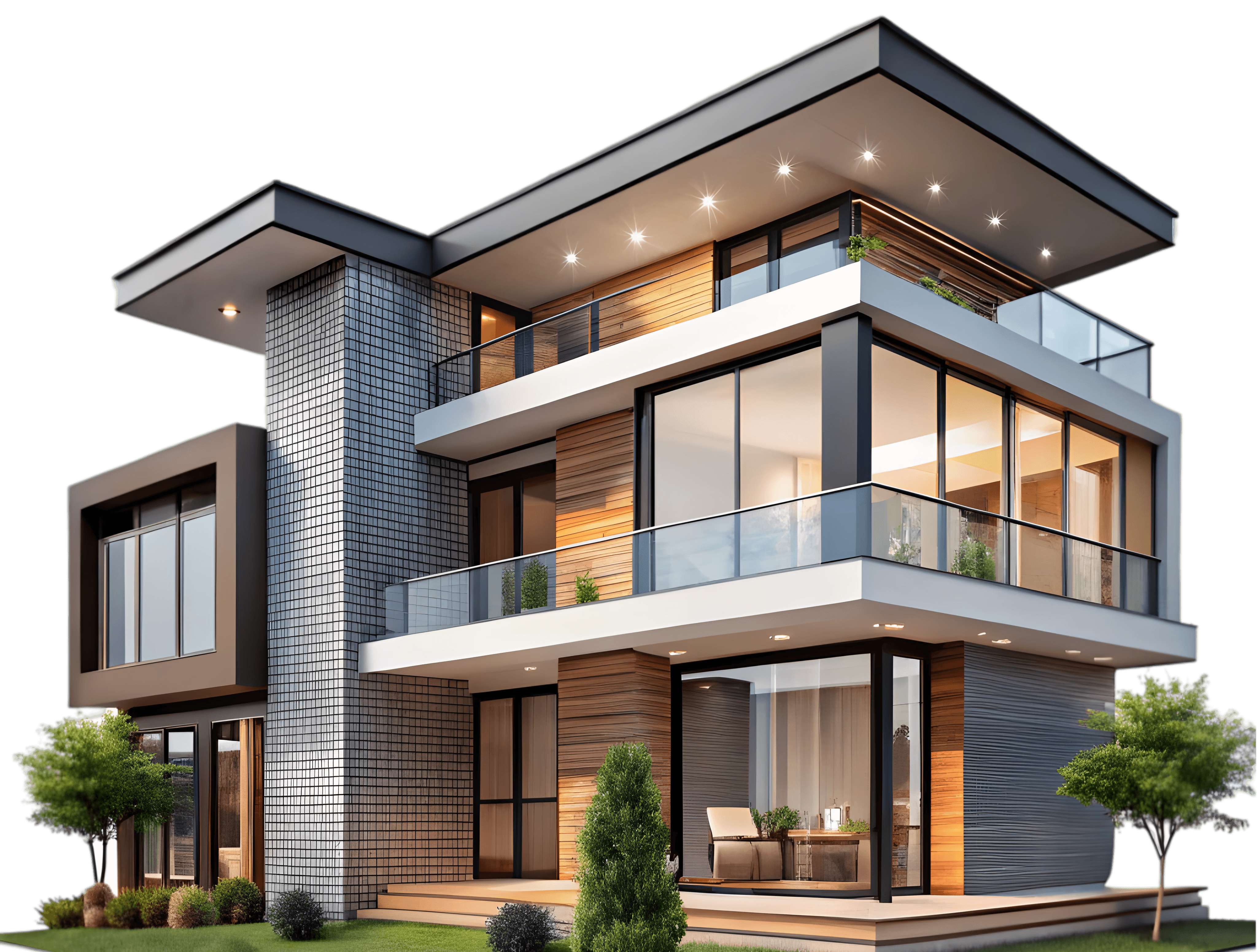 Architectural rendering of a contemporary dark house with terraces.